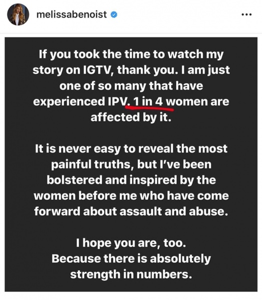 2019.11.27.
@lilireinhart: Kérlek szakítsatok rá időt és látogassatok el  @melissabenoist IGTV-jére. Nagyon megindító a bátorsága és az ereje, hogy megossza velünk a tapasztalatát. Osszátok meg ezt az üzenetet, beszéljetek róla a családjaitokkal, ne szégyelljétek.
